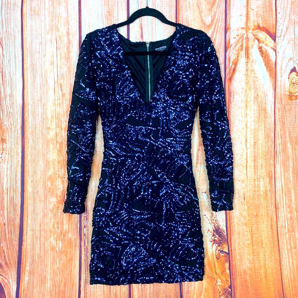 Fashion Nova Blue Swirl Sequined Midi Long Sleeve Bodycon Holiday Dress 1815